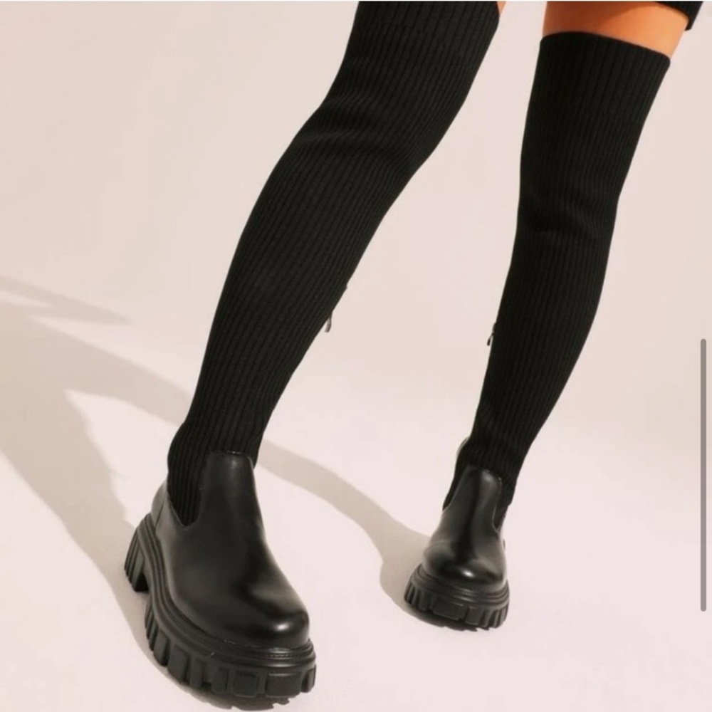 Black Thigh High Lug Sole Boots
